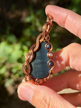 Load image into Gallery viewer, Blue tiger eye with sapphire + hematite gem accents wire wrapped pendant necklace