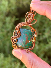 Load image into Gallery viewer, Artisan cab (johari gems) green chrysocolla with peridot + tiger eye wire wrapped pendant necklace