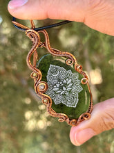 Load image into Gallery viewer, artisan cab (Marina Rabinskaya) serpentine with lotus design with prehnite + citrine gem accents wire wrapped pendant necklace