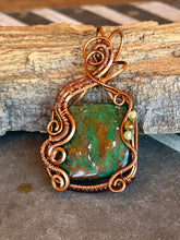 Load image into Gallery viewer, Artisan cab (johari gems) green chrysocolla with peridot + tiger eye wire wrapped pendant necklace