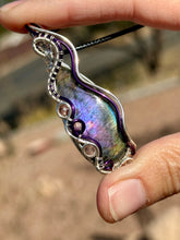 Load image into Gallery viewer, Reserved for Cassandra h DUO TONED WIRE Spectrolite Labradorite with strawberry quartz + phosphosiderite inclusions wire wrapped pendant