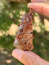 Load image into Gallery viewer, Artisan cab (positive rock) fossilized palm root with carnelian + garnet gem accents wire wrapped pendant necklace