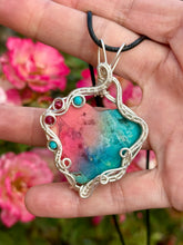 Load image into Gallery viewer, ARTISAN STONE (Ibrahim Opic) rainbow solar agate (dyed color) with turquoise + raspberry jade gem accents wire wrapped pendant necklace