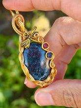 Load image into Gallery viewer, Ruby in kyanite with sapphire + Ruby gem accent wire wrapped pendant necklace