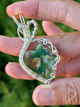 Load image into Gallery viewer, Chrysoprase with rhodochrosite + peridot gem accents wire wrapped pendant necklace