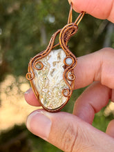 Load image into Gallery viewer, Artisan cab (johari gems) Ocean Jasper with aquamarine gem accent wire wrapped pendant necklace