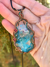 Load image into Gallery viewer, ARTISAN STONE (Ibrahim Opic) Blue (dyed) plume agate with raspberry jade + blue kyanite gem accents wire wrapped pendant necklace