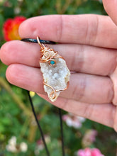 Load image into Gallery viewer, Snow druzy quartz with turquoise gem accents wire wrapped pendant necklace