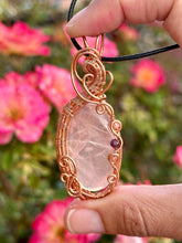 Load image into Gallery viewer, Rose quartz with rhodochrosite + ruby gem accents wire wrapped pendant necklace