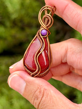 Load image into Gallery viewer, Red mookaite with raspberry jade gem accents wire wrapped pendant necklace