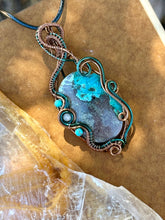 Load image into Gallery viewer, Reserved for Steph k DESIGNER CAB + DUO TONED WIRE Chrysocolla with turquoise + aquamarine inclusions Wire wrapped pendant