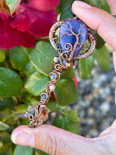 Load image into Gallery viewer, Lepidolite tree of life with sodalite + Rhodonite gem accents wire wrapped skeleton key pendent