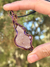 Load image into Gallery viewer, Reserved for Kimberly p DUO TONED WIRE + DESIGNER CAB amethyst spirit druzy quartz with amethyst + tourmaline inclusions Wire wrapped pendant
