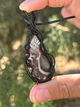 Load image into Gallery viewer, Artisan cab (johari gems) Lava vein Crazy lace agate with obsidian and garnet gem accents wire wrapped pendant necklace