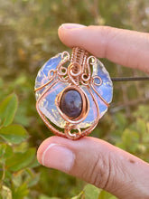 Load image into Gallery viewer, Opalite moon with star sapphire gem accent wire wrapped pendant necklace