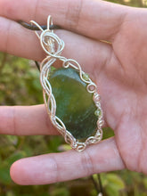 Load image into Gallery viewer, Serpentine with peridot + rhodochrosite gem accents wire wrapped pendant necklace