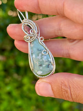 Load image into Gallery viewer, Peace jade with watermelon tourmaline slice gem accents wire wrapped pendant necklace