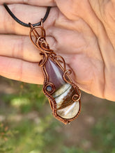 Load image into Gallery viewer, Blue common opal with purple agate with sapphire gem accents wire wrapped pendant necklace