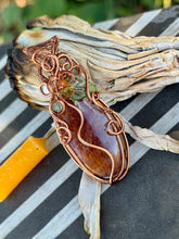 Load image into Gallery viewer, Garden quartz/lodolite “pumpkin” with orange garnet, tree agate, green aventurine gem accents wire wrapped pendant necklace