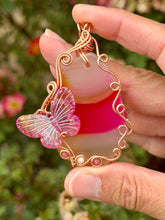 Load image into Gallery viewer, Pink agate with thulite + mother of pearl gem accents with butterfly charm wire wrapped pendant necklace