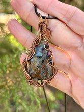 Load image into Gallery viewer, Faceted Pietersite with sapphire + Rhodonite gem inclusions wire wrapped pendant necklace
