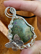 Load image into Gallery viewer, Reserved for Denise a Ruby in Fuchsite with Pearl, Prehnite Gem Inclusions Wire Wrapped Pendent Necklace