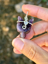 Load image into Gallery viewer, Mini amethyst wolf with moonstone gem accent wire wrapped pendant necklace