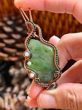 Load image into Gallery viewer, Artisan cab (positive rock) serpentine with sea sediment jasper + aquamarine gem accents wire wrapped pendant necklace