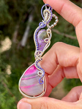Load image into Gallery viewer, Stichtite with pink agate double decker wire wrapped pendant necklace