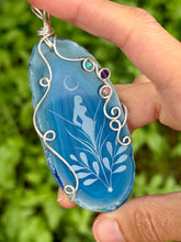 Load image into Gallery viewer, Artisan cab (Marina rabinskaya) blue agate goddess moon with turquoise, amethyst, strawberry quartz gem accents wire wrapped pendant necklace