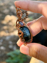 Load image into Gallery viewer, Blue Tiger eye with charoite gem accents wire wrapped pendant necklace