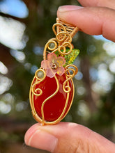 Load image into Gallery viewer, Carnelian “pumpkin” with green aventurine + green mica gem accents wire wrapped pendant necklace