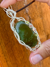 Load image into Gallery viewer, Serpentine with peridot + rhodochrosite gem accents wire wrapped pendant necklace