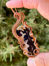 Load image into Gallery viewer, Artisan cab (positive rocks) dendritic agate with tiger eye + hematite gem accents wire wrapped pendant necklace