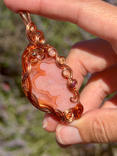 Load image into Gallery viewer, Artisan cab (positive rock) carnelian agate with citrine, sunstone, rose quartz, ruby gem accents wire wrapped pendant necklace