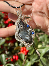 Load image into Gallery viewer, ARTISAN CAB (flintstone cabs) Marcasite in black agate with lapis lazuli + pyrite gem accents wire wrapped pendant necklace
