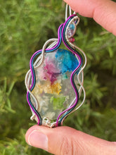 Load image into Gallery viewer, Artisan cab (adit stones) Rainbow Plume Agate with blue apatite, amethyst, raspberry jade gem accents wire wrapped pendant necklace