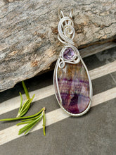 Load image into Gallery viewer, Rainbow fluorite with faceted amethyst gem accent wire wrapped pendant necklace