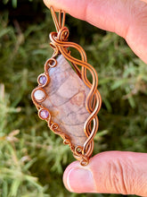 Load image into Gallery viewer, Artisan cab (positive rocks) purple imperial jasper with amethyst + lepidolite gem accents wire wrapped pendant necklace