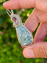 Load image into Gallery viewer, Peace jade with watermelon tourmaline slice gem accents wire wrapped pendant necklace