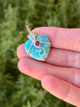 Load image into Gallery viewer, Jade/mother of pearl composite with amethyst gem accent wire wrapped mini heart pendant