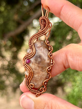 Load image into Gallery viewer, Belomorite Sunstone with citrine and ruby gem accents wire wrapped pendant necklace