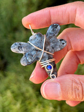 Load image into Gallery viewer, Larvikite dragonfly with lapis lazuli gem accent wire wrapped pendant necklace