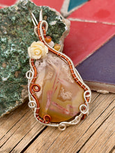 Load image into Gallery viewer, Artisan cab (positive rocks) orange tube agate with dandelion + moonstone gem accents wire wrapped pendant necklace