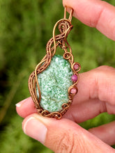 Load image into Gallery viewer, Green diopside with pink tourmaline + ruby gem accents wire wrapped pendant necklace