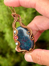 Load image into Gallery viewer, Ruby in kyanite with Angelite + pink agate gem accents wire wrapped pendant necklace
