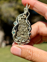 Load image into Gallery viewer, Pyrite druzy with blue apatite + sapphire gem accents wire wrapped pendant necklace