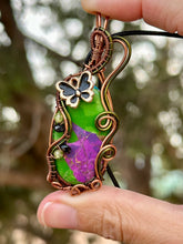 Load image into Gallery viewer, Reserved for Denise a DUO TONED WIRE Purple/Green Magnesite with peridot + onyx inclusions + butterfly charm Wire wrapped pendent