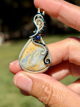 Load image into Gallery viewer, Blue scheelite with lapis lazuli gem accents wire wrapped pendant necklace