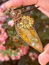 Load image into Gallery viewer, Reserved for Tanya r ARTISAN CAB (CAB BY POSITIVE ROCKS) Yellow Ocean Jasper with green aventurine inclusions sunflower charm Wire wrapped pendant